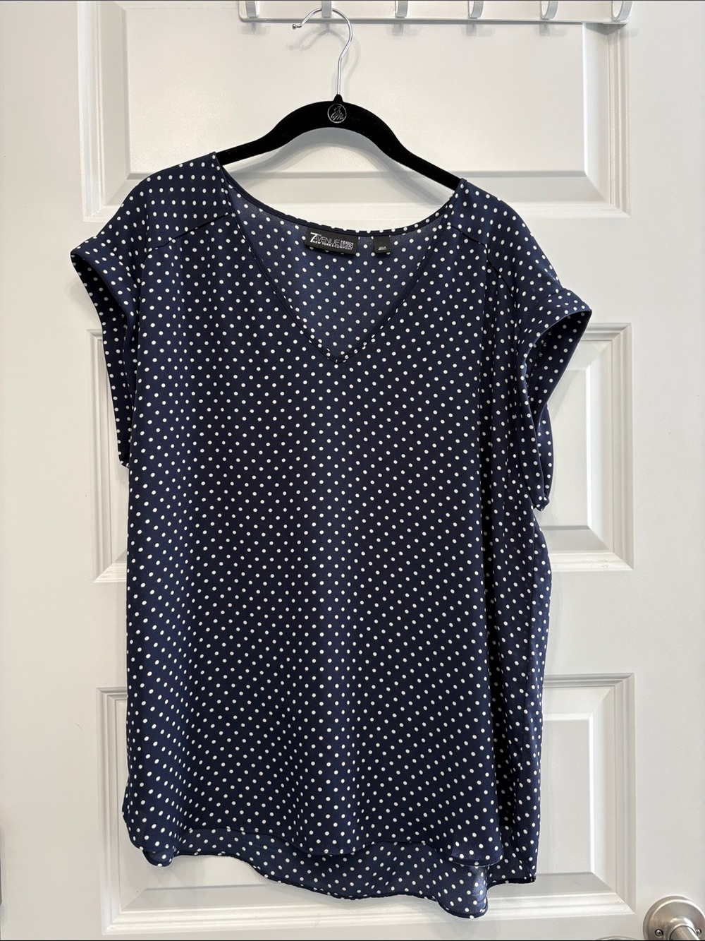 New York and Company Navy and White Polka Dot V-Neck Blouse